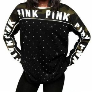 NEW Bling PINK Victoria's Secret CAMO Rhinestone Campus Long Sleeve Tee Medium